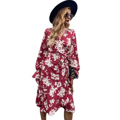 China Viable Women Fall Long Sleeve Bohemian Floral French Style High V Neck Wrap Holiday Midi Split Dress for sale