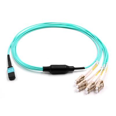 China Female to 4 LC Duplex MPO Breakout Cable 8 Fibers OM3 OFNR Aqua Jacket for sale