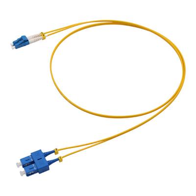 China LC UPC To SC UPC Short Tail Duplex Fiber Patch Cable OS2 OFNR 1.6mm Yellow for sale