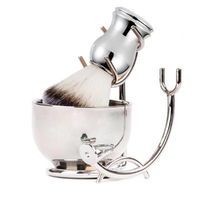 China Goods Made in China Men's Cleaning Machine Silver Metal Soap Bowl + Stainless Steel Razor + Shaving Brush Shaving Brush Set for sale