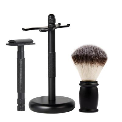 China Durable High Quality Material Men's Tool Nylon Cleaning Shaving Brush + Black Razor Holder + Alloy Razor Shaving Brush Set for sale