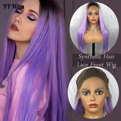 China Hot Selling Purple Silky Straight Wave Dark Roots Lace Front Wig 13x4 For Black Women Daily Use Chinese Fiber for sale