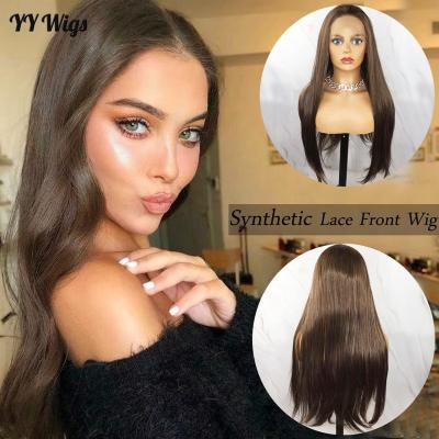 China Silky Straight Wave Brown Mixed Color Chinese Fiber High Quality 13x4 Lace Front Wig For Black Women for sale