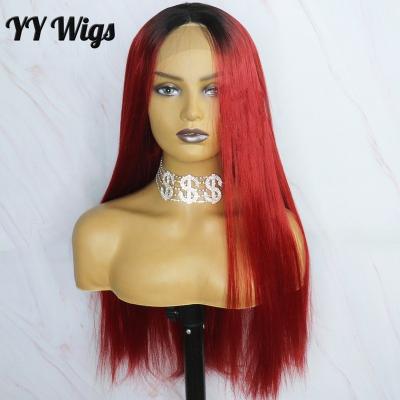 China Long Silky Straight Wave Synthetic Wigs For Women 13x4 Red Color With Dark Roots Heat Resistant Lace Front Wigs With Natural Hairline for sale