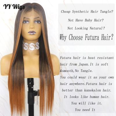 China Silky Straight Wave Black Mixed Brown To Color 22 Inch High Density 13x6 Lace Front Straight Synthetic Wig for sale