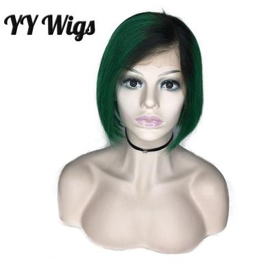 China Ladies 1B Green Straight Human Hair Heat Resistant Wigs Lace Front Wig For Women for sale