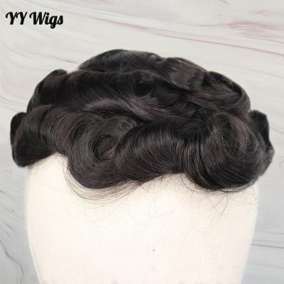 China 0.03-0.04 Mm #1B Natural Remy Human Hair Thin Skin PU Remy Hair 8x10 Men Toupee Hair Replacement Pieces Natural V-looped Brazilian Remy Hum for sale