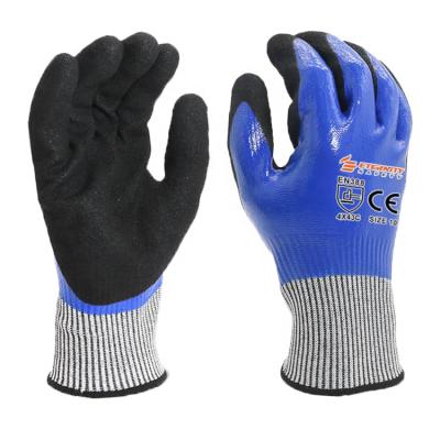 China Finish Resistant Blue Double Coated Sandy Palm Nitrile High Cut Grip Cut Resistant Gloves Anti Cut for sale