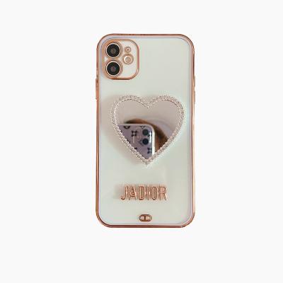 China Anti-fall love shape mirror diamond glitter plush ball shiny ball case for iPhone 1112 max xs mini pro xr for sale