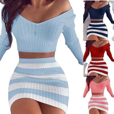 China 2021 Manufacturer High Quality Spring Summer Women's Sweater Sexy V-Neckline Anti-Wrinkle Long Sleeve Knit Blouse Skirt Two Sets Sweater Se for sale