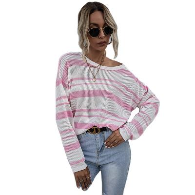 China Anti-wrinkle sweater manufacturer Women Sweater Europe and America long sleeve striped sweater knitted O-neck female slim pullover for sale