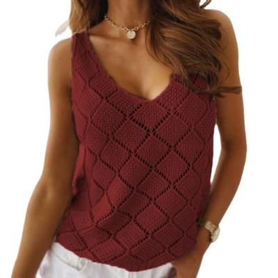 China 2021 Spring Summer Sweater Women's High Quality Mature Sexy Diamond Hollow V-collar Pure Color Anti-Wrinkle Knit Vest Sweater for sale