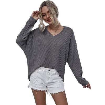 China Anti-Wrinkle Women's V-Neck Drop Long Sleeve Waffle Shirt Tops Shirts Knitting Oversized Sweater for sale