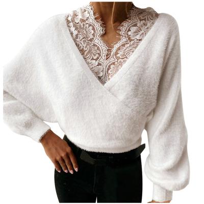 China 2021 manufacturer fashion women slim oversized v neck sweater tops anti-wrinkle sweater long sleeve lace solid sexy sweater sweater for sale