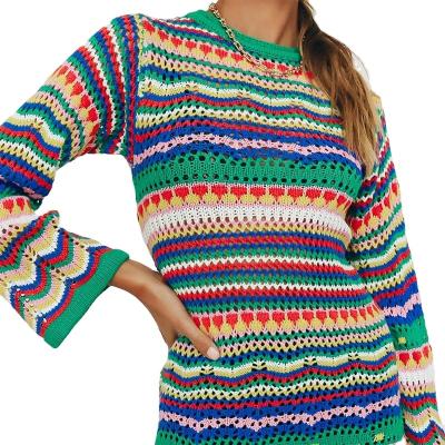 China Anti-wrinkle the new 2021 spring summer wholesale women's sweater high quality manufacturer tight-fitting stripe hollow sleeve knitwear D long for sale