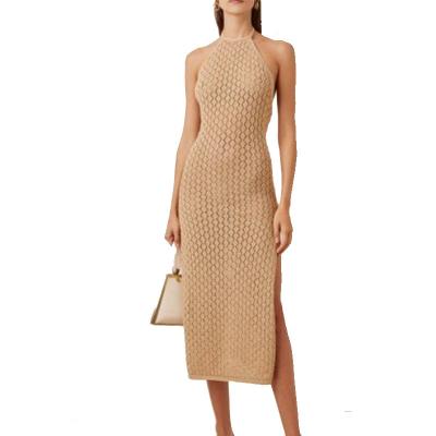 China 2021 Manufacturer High Quality Celebrity Springs Hot Summer Sweater Anti-Wrinkle Knit Hollow Out Long Cut Sling For Woman's Dress for sale