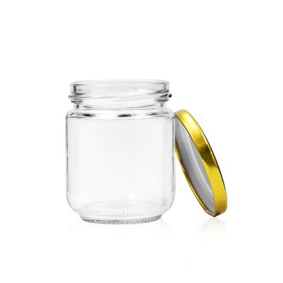 China Wholesale Recyclable Empty Clear Round 200ml RTS Honey Glass Honey Jam Jar Sweet Jar With Gold Metal Cap for sale