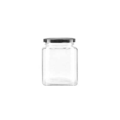 China Hot sale 380ml clear empty square food glass jar for food honey jar with metal lid for sale