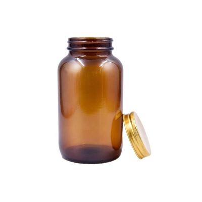 China Factory Direct Sale 400ml Eco-friendly Recyclable Empty Amber Pill Glass Bottles Capsule With Aluminum Gold Screw Lid for sale