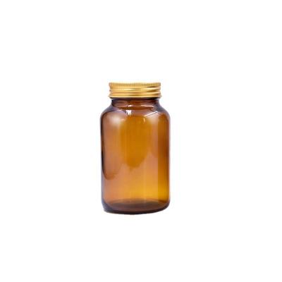 China Factory direct sale 200ml RTS eco-friendly recyclable wide mouth amber glass pill bottles with metal screw lid for sale