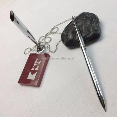 China Promotional pen bank custom logo on pen stand metal table desk ball pen with chain holder for counter for sale