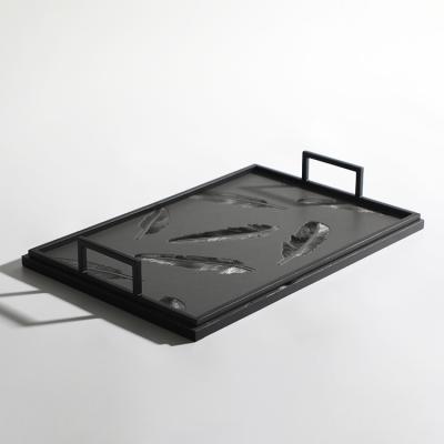 China Custom Modern Cast Iron Black Gray White Leather Black Leather Handlec Rectangular Hotel Serving Tray for sale