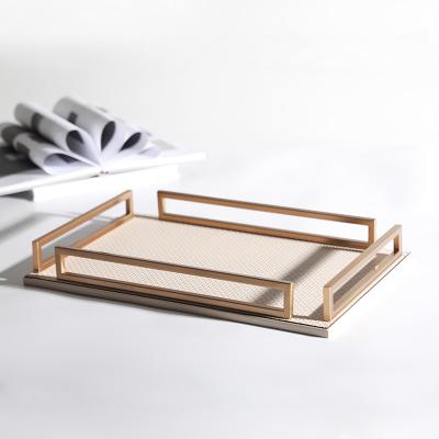 China Modern Hotel Decor Accessories Modern Design MDF Metal Jewelry Serving Interior Home Rectangular Leather Tray for sale