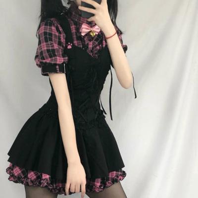 China Summer Regular Dresses For Women Plaid Kawaii Pink 2021 Clothes Tie Up Lolita Dress Harajuku Cottagecore Midi Dress Y2K for sale