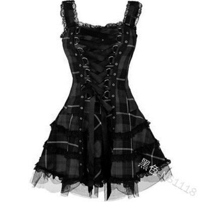 China Gothic Punk Women Viable Style Plaid Dress Plus Size Cool Solid Lace Up Sleeveless Camisole Mini Dress Coldker Strap Vintage Dress for sale