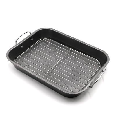 China Durable Carbon Steel Large 15 x 11.5-Inch Black Enamel Bakeware Roaster Pan Filters with Rack Non-Stick Cookware Home Roasting Needed for sale