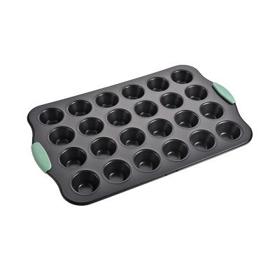 China 24 Cavity Sustainable Divided Oven Baking Tray Square Mini Bread Brownie Roll Pan Non-Stick Carbon Steel Bakeware With Silicone Handle for sale