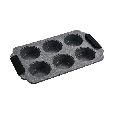 China Viable Non-Stick 6-Cavity Muffin Pan with Silicone Handle Cupcake Pan for Oven Baking Marble Muffin Pan for sale