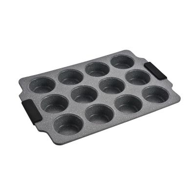 China Viable Non-Stick 12-Cavity Muffin Pan with Silicone Handle Cupcake Pan for Oven Baking Marble Muffin Pan for sale