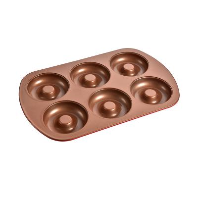 China Sustainable Carbon Steel Bakeware 6-Cavity Non-Stick Donut Molds Making Tray Mini Donut Pan Home Cake Bake Making Tools for sale