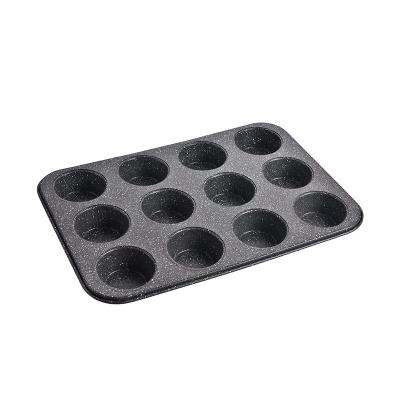 China Sustainable Heavy Duty 0.6mm Stick Carbon Steel Bakeware Non Marble 12 Cup Muffin Pan for sale