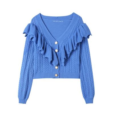 China 2022 fall anti-pilling clothing for women shed v neck hemp flowers knitted sweater girls cardigan sweater for sale