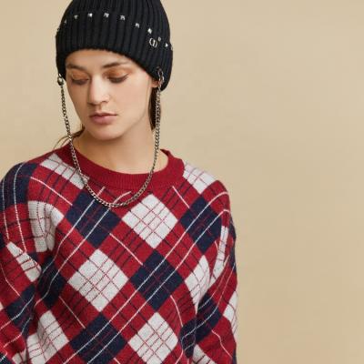 China 2022 Hot Selling Anti-Wrinkle Casual Plaid Jacquard Knitted Crew Neck Sleeve Pullover Women Sweater Long for sale