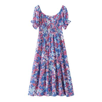 China 2022 Summer Anti-static Wholesale Square Collar Elegant Casual Dress Midi Short Sleeve Floral Print Dresses Women for sale