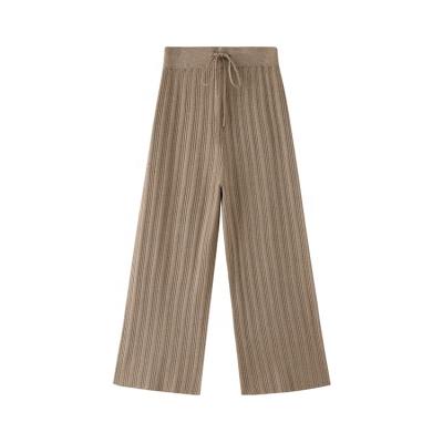 China parride knitted manufacturer custom high waist drawstring stretch stripe womens knit ribbed wide leg pants for sale