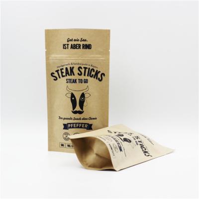 China Stand Up Kraft Paper Zipper Bag Biodegradable Food Wrapping Paper Bag For Steak 50g Sticks Zip Lock Pouch for sale