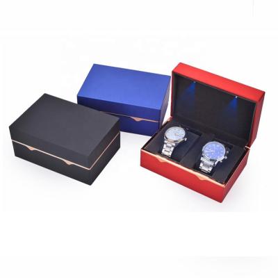 China Custom Logo Luxury Packing Carton Watch Box High Quality Fold Leather Box Packing Case With LED Light for sale