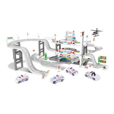 China Slot Toy Educational multideck track toy car garage with 4pcs alloy cars and 1pcs helicopter. for sale