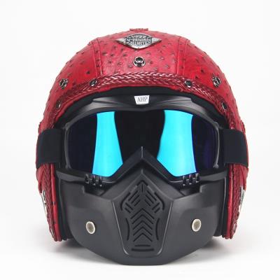 China 2020 ABS DOT Approved Personality Leather Open Face Helmet Retro Full Face Handmade Motorcycle Helmet for sale