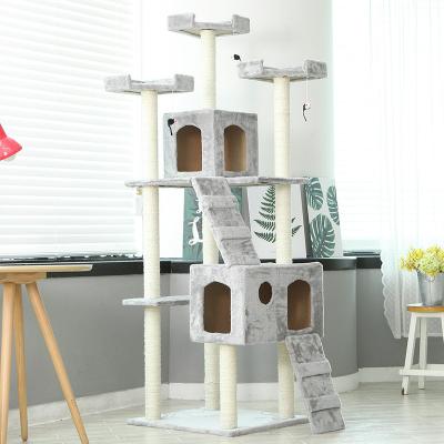 China Sustainable Wooden Large Scratch Tower Cat Short Plush Natural Sisal Tree Tower Housing Game Pet Scratching Post Kitten Furniture for sale