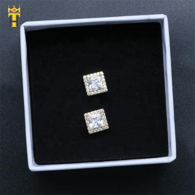 China Trendy Hiphop Women Fashion Gold Plated Jewelry Hip Hop Gemstone Crystal Zircon Iced Out Squares Stud Earrings for sale