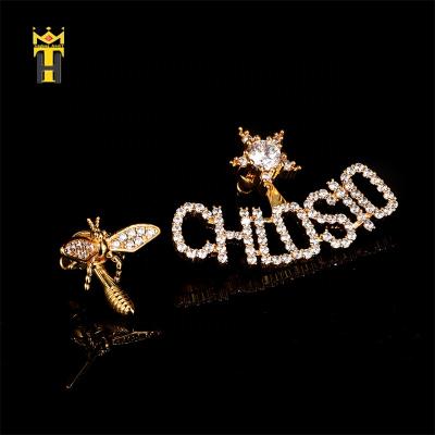 China Hiphop high quality pargold plated 18k rhinestone zircon animal lettered disparity dissymmetry earrings for sale