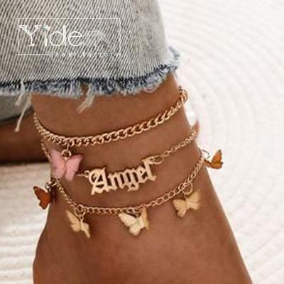 China TRENDY Multi Layered 18k Gold Filled Small Broad Chain Butterfly Anklet for sale