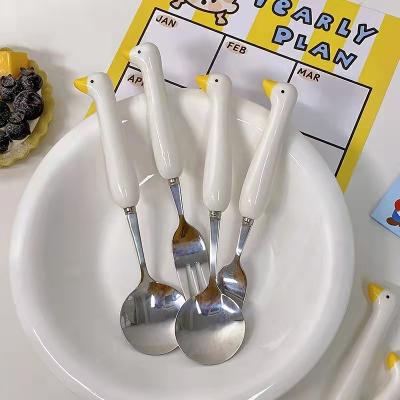 China Creative Design Viable Cartoon Cute 304 Stainless Steel Forks Spoon Sets Handle Flatware Ceramic Flatware Tableware With Box for sale