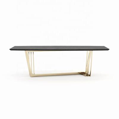 China REMOVABLE lightweight luxury style hotel dining table with polished stainless steel gold frame long table for sale