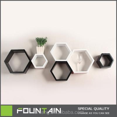 China Home Decor Furniture Solid Wood Hexagon Shape Set Display 6 Cube Wall Floating Wood Shelf for sale